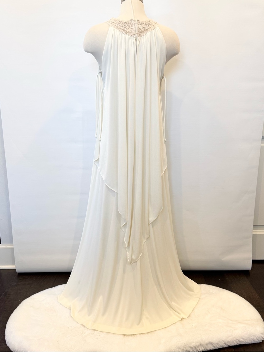 Joseph Magnin Silky Satin Ivory Vintage Goddess Maxi Gown Halter Kaftan Dress - Picture 9 of 15